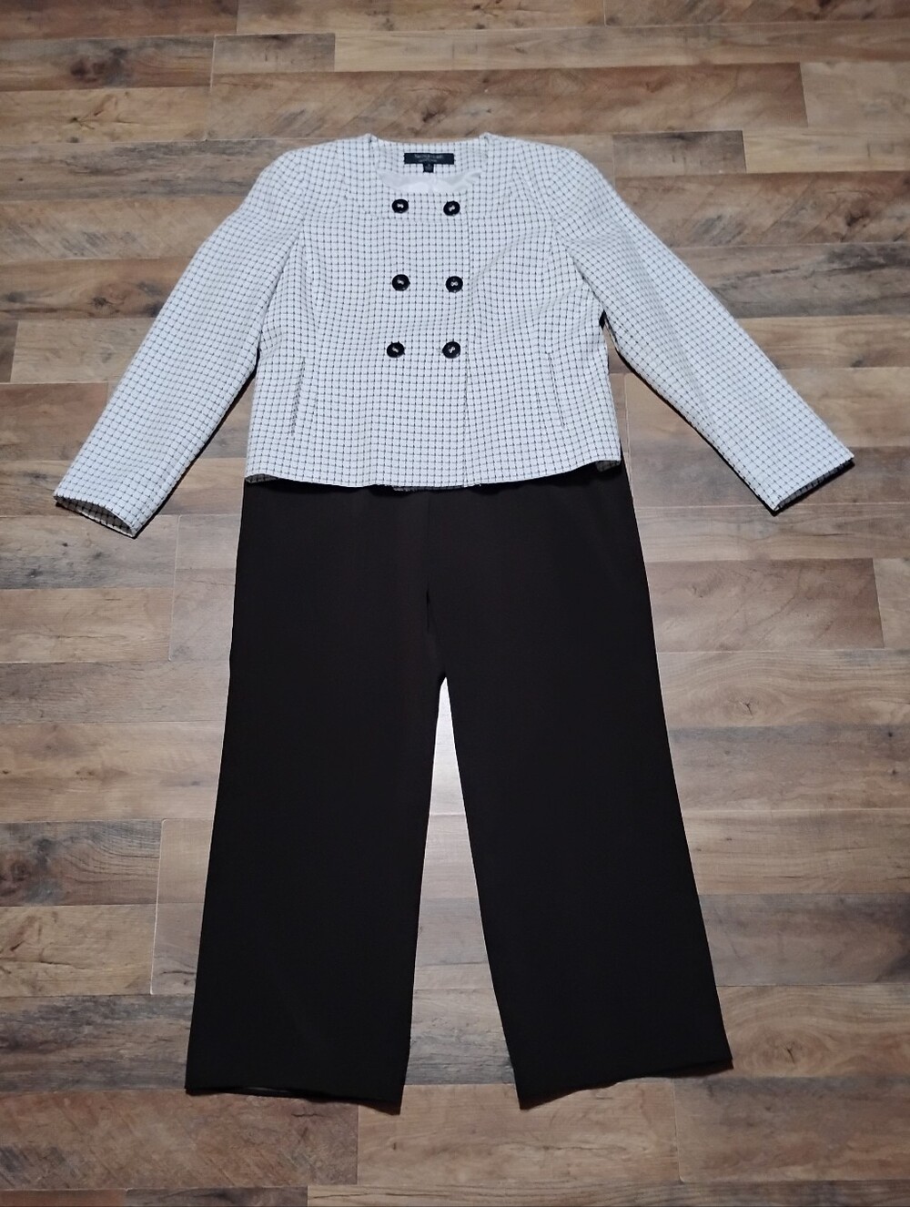 Signature Brown Pantsuit with White Checkered Jacket